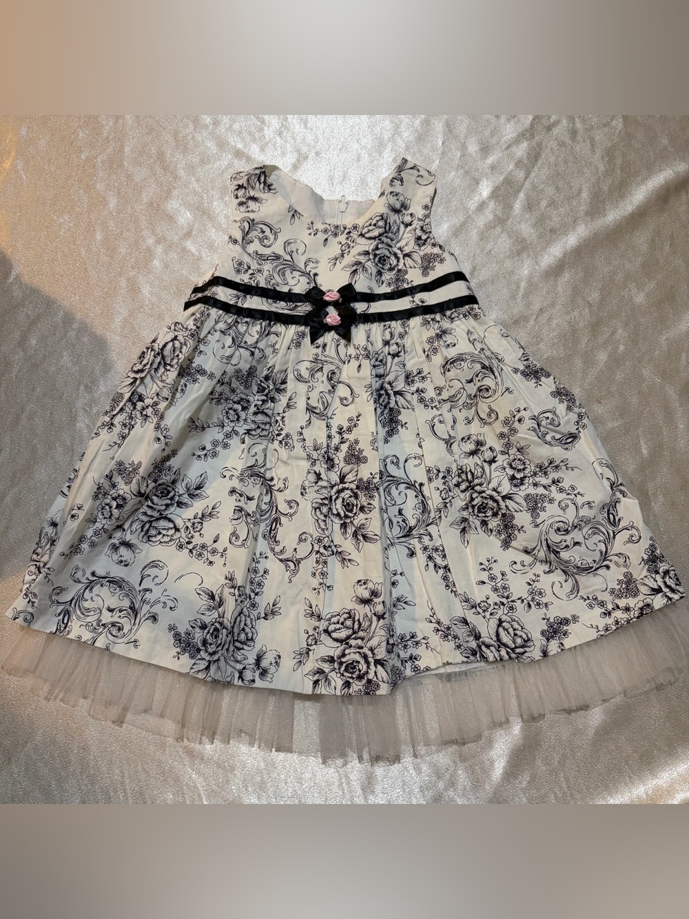 Bonnie Baby Black and White Floral Toile Dress with Pink Rose Accents 24M